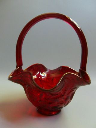 Vintage Fenton Glass Ruby Red Strawberry Basket W/handle 1980 