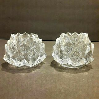 Set Of 2 Orrefors Firefly Artichoke Candle Holders Sweden Clear Crystal Glass