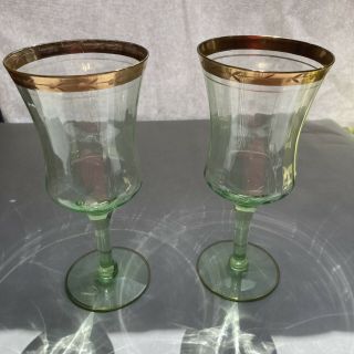 Vtg Tiffin Uranium Green Optic Wine Glass Stemware Set Of 2