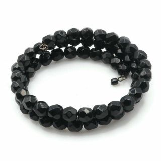 Vintage Black Faceted 8mm Glass Bead Memory Wire Wrap Around Bracelet 8 Inch