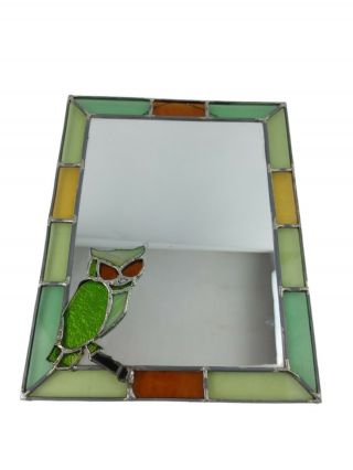 Vintage Multi Color Stained Glass Wall Mirror W/stained Glass Owl Design 12x15 "