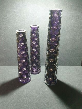 Vintage X 3 Dimpled Amethyst Purple Glass Bud Vase Heavy Base Stylish