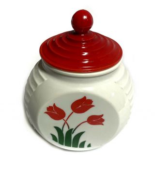 Vintage Fire King Vitrock Red Tulip Grease Jar With Lid 1940 