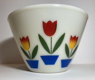 Oven Fire King Ware “tulips " White 9 " Splash Proof Mixing Bowl Bright Colors