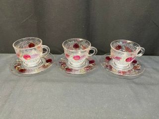 Westmoreland " Della Robbia " Flashed Set Of 3 Cups & Saucers 2 " Tall