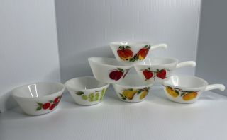 Set Of 7 Vintage Milk Glass Handled Bowl Hand Painted Fruit Cherry Apple Berry.