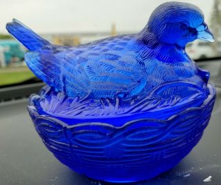 Vintage Heisey Cobalt Blue Dove On A Nest Or Basket Candy Dish Trinket Box