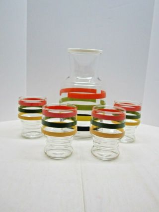 Vintage Striped 5 Piece Juice Set 4 Glasses And 1 Carafe With Lid