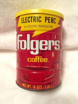 Vintage Folgers Metal Coffee Can W/lid Electric Perc Mountain Grown 16oz 1lb