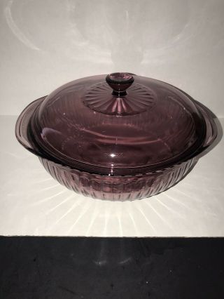 Vintage Clear Cranberry Pyrex Ribbed Casserole Dish With Lid 2 Qt
