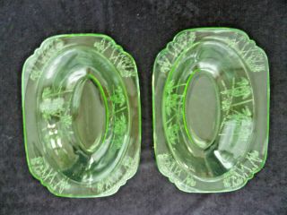 2 Depression Glass Green Uranium Federal Sylvan Parrot 10 " Oval Vegetable Bowls