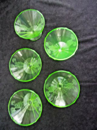 5 Depression Glass Green Uranium Federal Sylvan Parrot Footed Sherbet Dishes