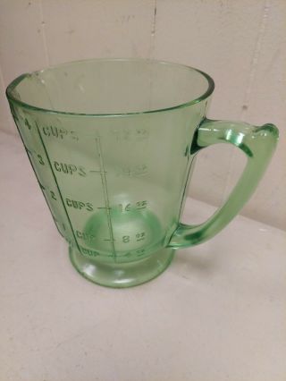 VINTAGE GREEN DEPRESSION URANIUM GLASS 1 QUART 4 CUP FOOTED MEASURING CUP 3
