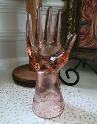 Vintage Pink Glass Hand Jewelry Ring Holder Depression Old Glass