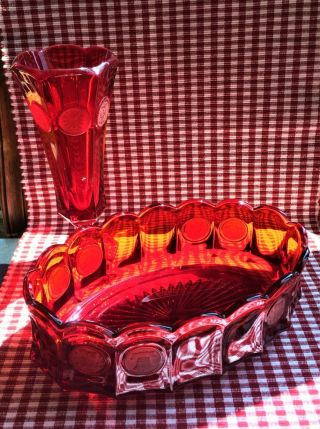 Vintage Fostoria Red Coin Glass Oval Bowl & Footed Vase Scalloped Liberty