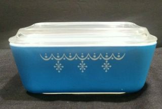 Vintage Pyrex Blue Snowflake Garland 0502 1.  5 Pint Loaf Rectangle Dish W/lid
