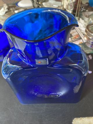 Vtg Blanko Cobalt Blue Glass Water Bottle Double Pitcher Sticker