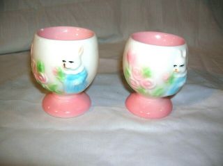 Set Of 2 Vintage Easter Egg Cups With Bunnies & Flowers Pink