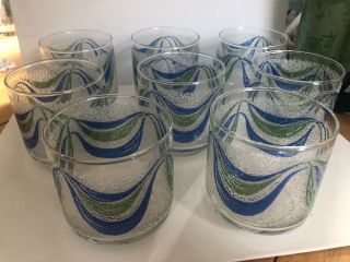Vintage Mcm Tumbler Glasses Libbey? Set Of 8 Blue Green Wave With Crushed Ice