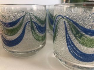 Vintage MCM Tumbler Glasses Libbey? Set Of 8 Blue Green Wave With Crushed Ice 2