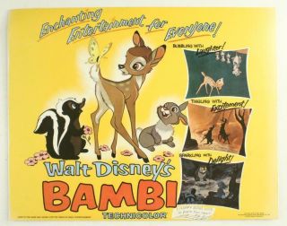 Authentic Lobby Card Movie Poster Walt Disney Bambi Cartoon Color Re - Release