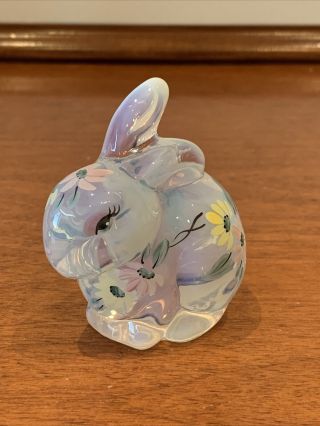 Fenton Art Glass Bunny Rabbit Hand Painted Flowers And Artist Signed