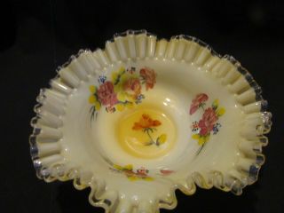 Vintage Fenton Fluted Glass Bowl,  Pink With Hand Painted Flowers 10 " By 4 " Tall