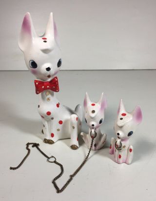 Vintage Polka Dot Mom Dog With 2 Puppies On Chain Figurines Made In Japan