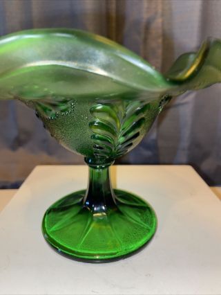 Vintage Northwood Green Carnival Glass Compote Dish W/ Daisy & Plume Design