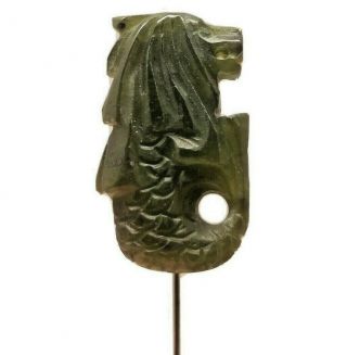 Vtg Carved Green Jade Tone Stone Asian Dragon Lapel Stick Pin Brooch Estate Find