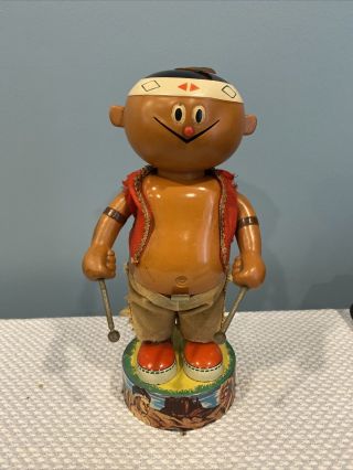 11” Vintage Tinplate Battery Operated Drumming Native American Tn Japan Part