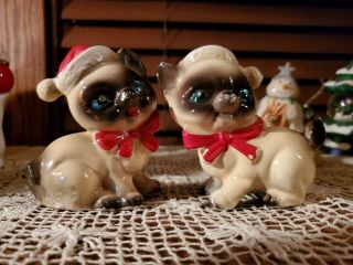 Vintage Kreiss Christmas Siamese Cats Kittens Salt & Pepper Shakers W/stoppers