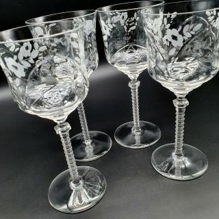 4 Vintage Crystal Wine Glasses Goblets Etched Floral Design Ringed Stem