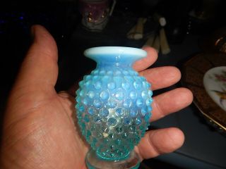 Vintage Fenton Blue Opalescent Ruffled Hobnail Small Bud Glass Vase