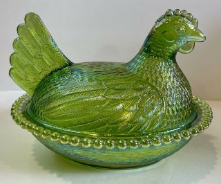Vintage Iridescent Lime Green Carnival Hen On Nest Candy Dish