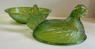 Vintage Iridescent Lime Green Carnival Hen On Nest Candy Dish 3