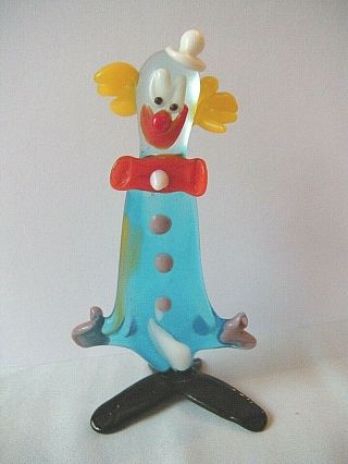 Vintage 1970s Murano Hand Blown Art Glass Italy 3 1/2 " Clown Small Figurine Blue