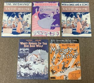 5 Vintage Disney Sheet Music Snow White Cinderella Melody Time Mickey Mouse