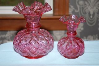 Set Of 2 Fenton Glass Cranberry Melon Vase Diamond Optic Quilted 6 " & 8 "