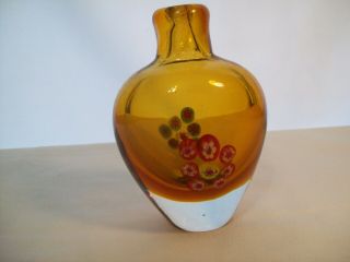 Vintage Heavy Amber Glass Bud Vase With Mille Fleur Floral Design 5 1/2 " Tall