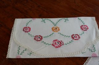 Vintage Pair Hand Embroidered Linen Dresser Scarves 17x40