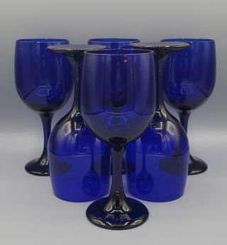 6 Cobalt Blue Vintage Libbey Glasses Retro 12 Oz Wine Water Goblets 7”