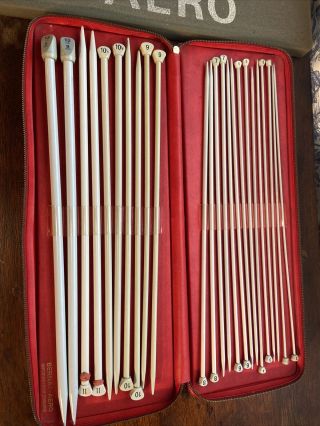 Vintage Bernat - Aero Knitting Needles In Zippered Red Case Set Of 24