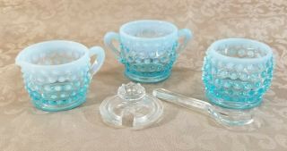 Fenton Blue Opalescent Hobnail Glass Sugar,  Creamer,  Mustard Jar W/lid & Spoon
