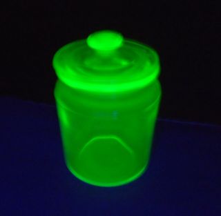 Vintage Vaseline Uranium Glass Jar with Lid UV Black Light 2
