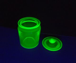 Vintage Vaseline Uranium Glass Jar with Lid UV Black Light 3