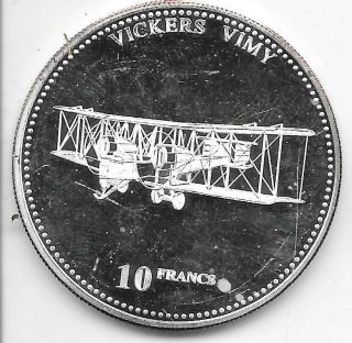 2001 Proof.  925 Silver Congo 10 Francs Vintage Aircraft Vickers Vimy.  5948 Asw