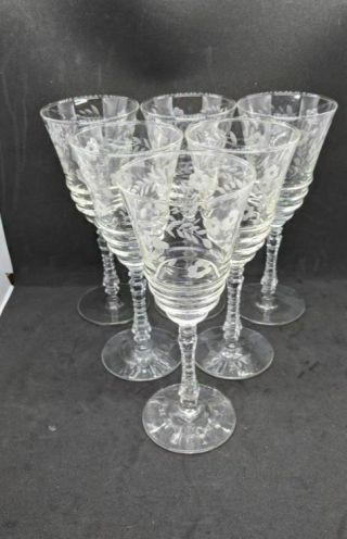 Vintage Etched Wine Glass Set Of 6 Crystal