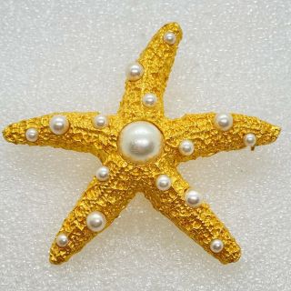 Vintage Starfish Brooch Pin Ocean Sea Star Faux Pearls Gold Tone Costume Jewelry
