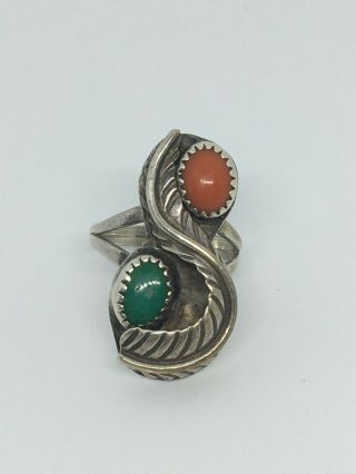 Vintage Green Turquoise And Coral Hand Crafted Sterling Silver 925 Ring Size 6